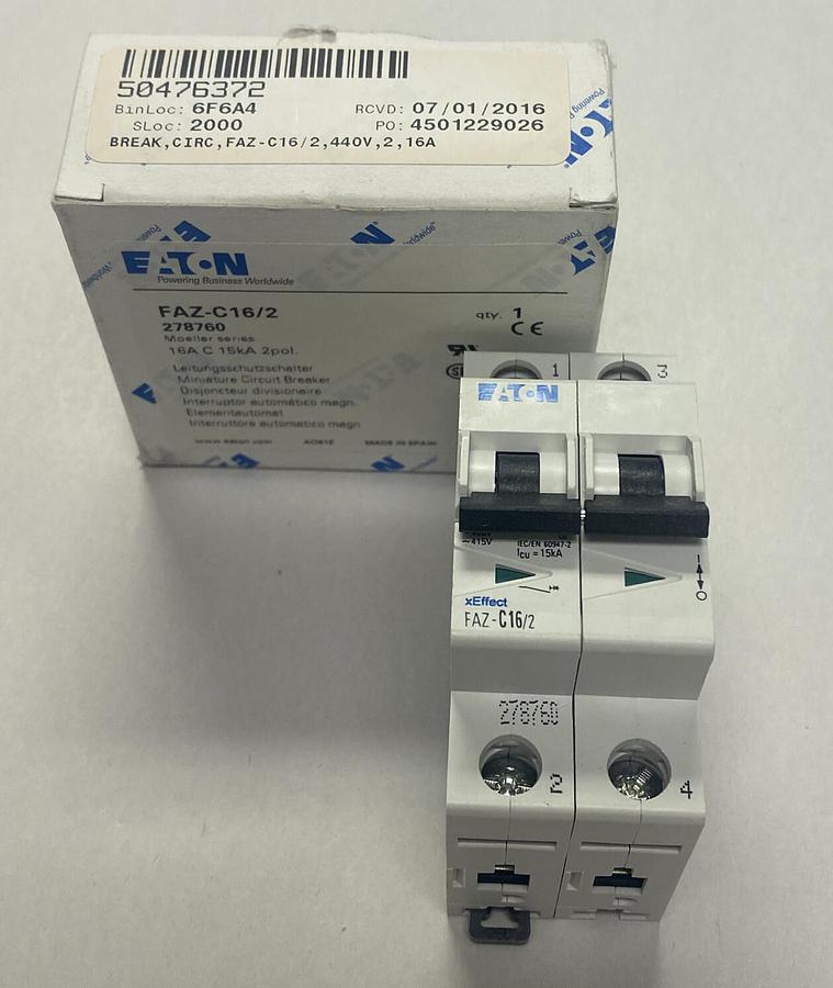Used EATON,FAZ-C16/2,CIRCUIT BREAKER 16A 2P NEW