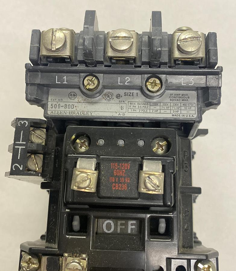 Used ALLEN BRADLEY,509-BOD,SER B NON-REVERSING STARTER SIZE 1 27A 600V W/ OVERLOAD