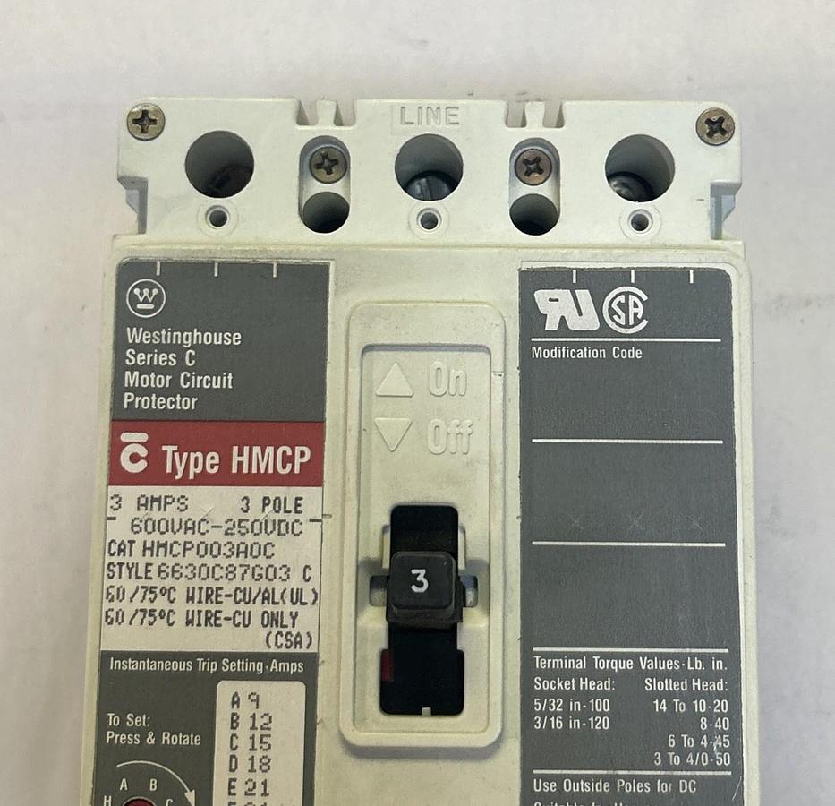 Used CUTLER-HAMMER,HMCP003A0C,CIRCUIT BREAKER 3A 600V 3P
