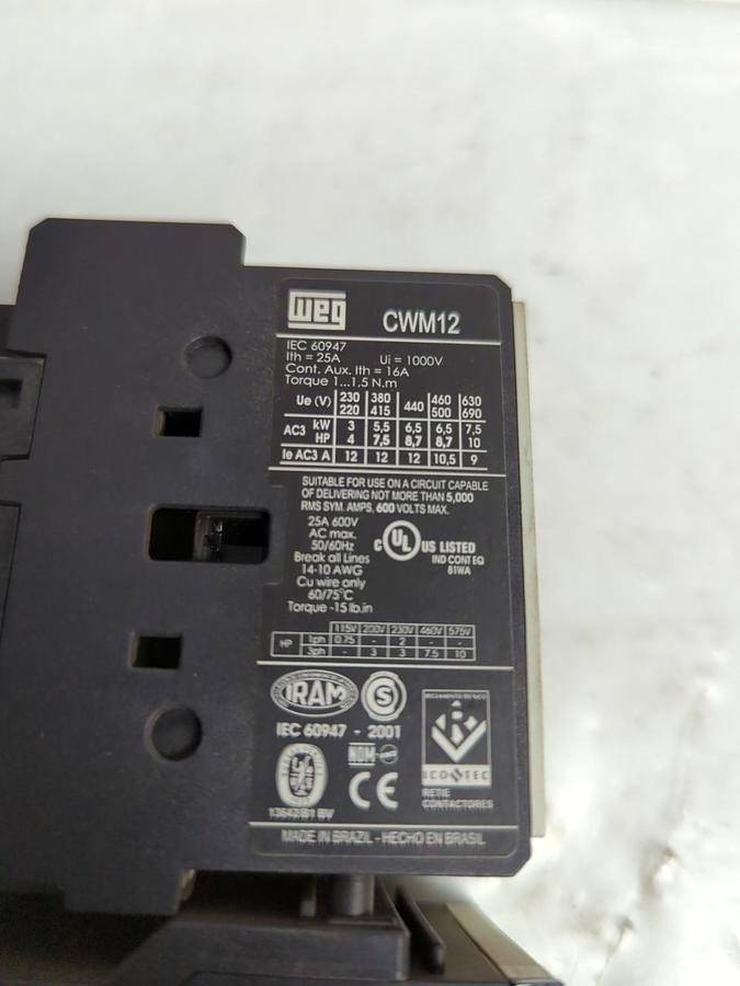 Used WEG,CWM12,CONTACTOR WITH RW27D THERMAL OVERLOAD PRE-OWNED