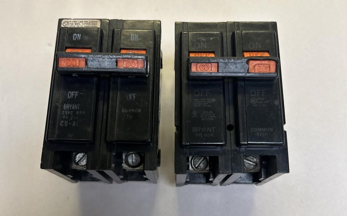 Used BRYANT,BR260,CIRCUIT BREAKER 60A 120/240V 2P LOT OF 3