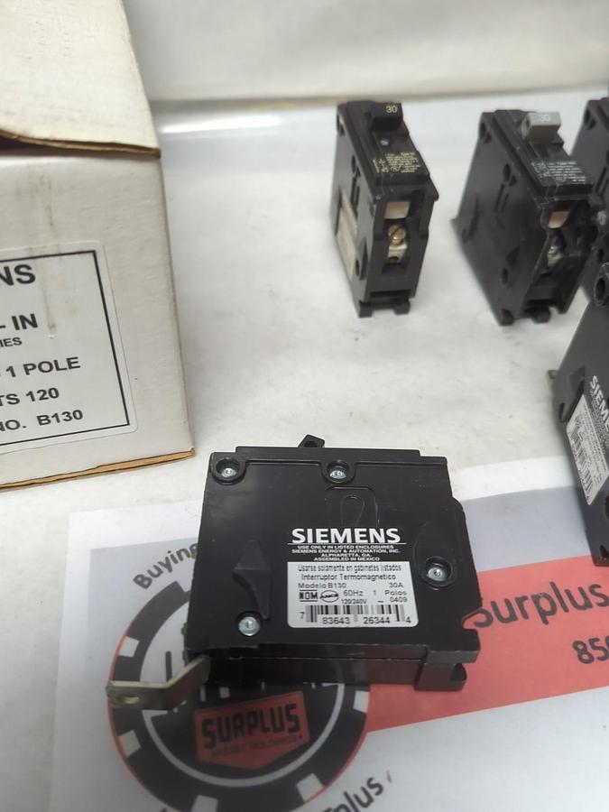 Used SIEMENS,B130,CIRCUIT BREAKER 30 AMP 1-POLE LOT OF 6 PRE-OWNED