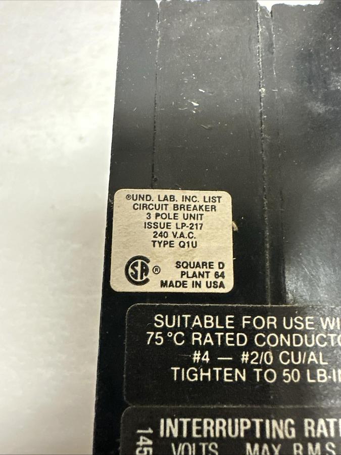 Used Square-D,Q1U370,70 Amp 3 Pole Circuit Breaker