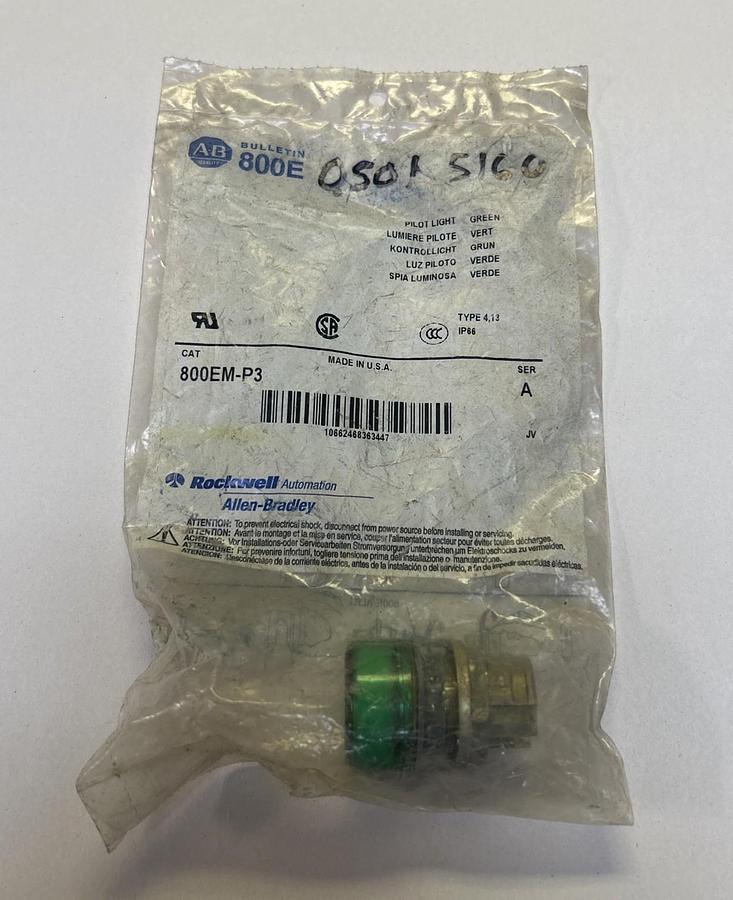 Used ALLEN BRADLEY,800EM-P3,GREEN PILOT LIGHT NOS