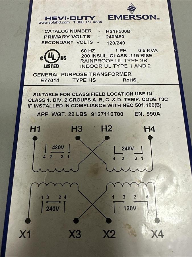 Used Emerson,HS1F500B,General Purpose Transformer
