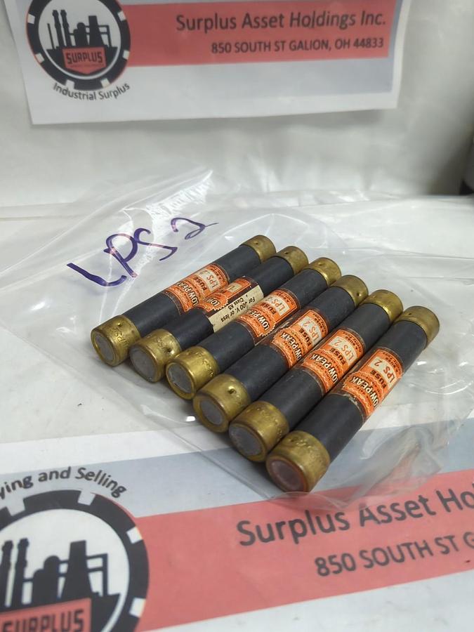 Used COOPER BUSSMANN,LPS-2,LOW-PEAK 2 AMP FUSE LOT OF 6 PRE-OWNED