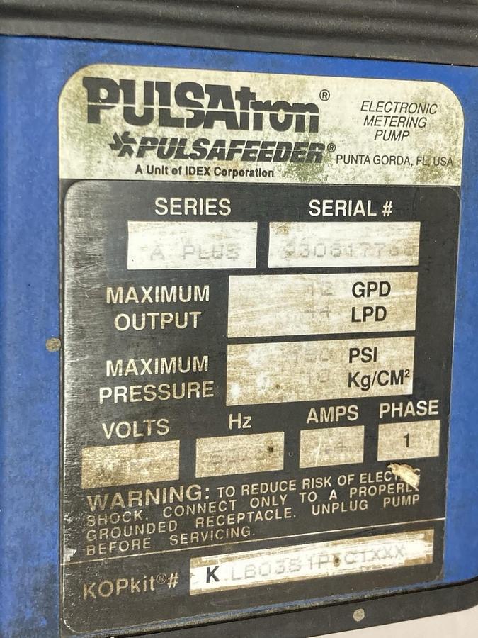 Used Pulsatron,KLB0361PXC1XXX,1-Phase Metering Pump 4A 50/60Hz
