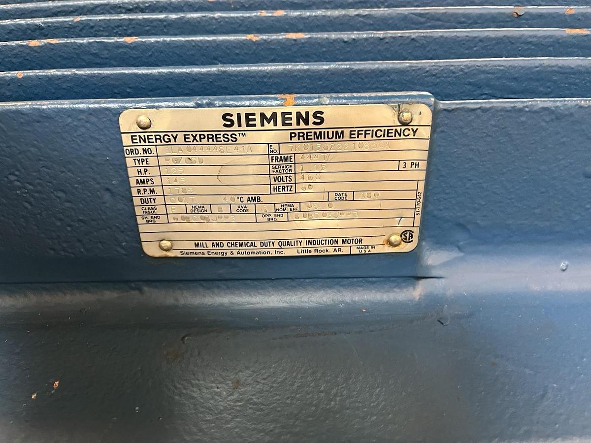 Used SIEMENS,RGZESD,ENERGY EXPRESS 125HP MOTOR 1785RPM 460V 3PH 444T