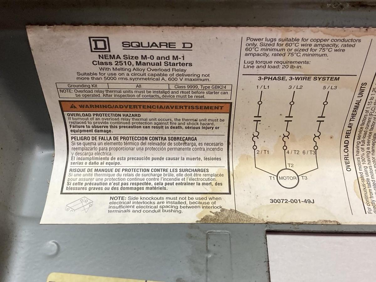 Used Squarer D,Class 2510,Manual Starter 600V Size M-0 and M-1