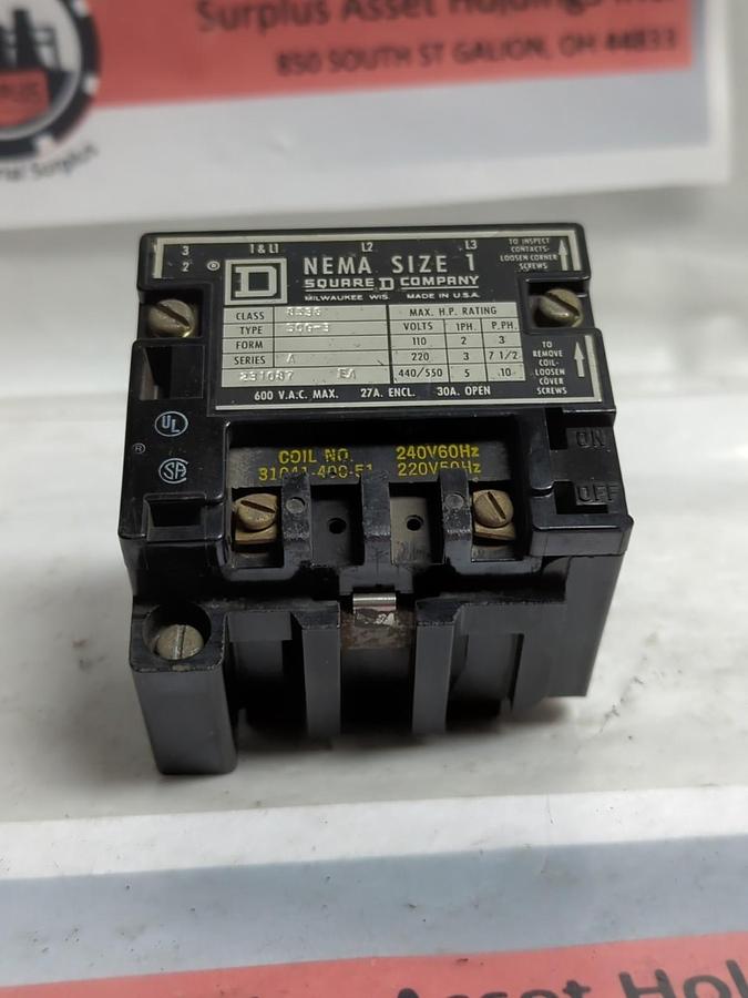 Used SQUARE D,8536-SCG3,CONTACTOR SERIES A SIZE 1 PRE-OWNED