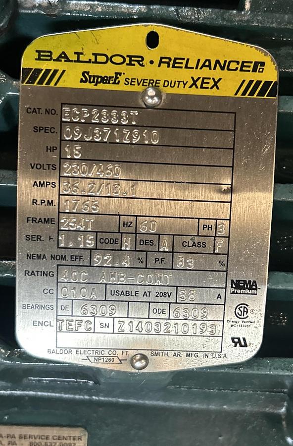 BALDOR,ECP2333T,SUPER-E SEVERE DUTY MOTOR 15HP 1765RPM 230/460V 3PH 254T FRAME