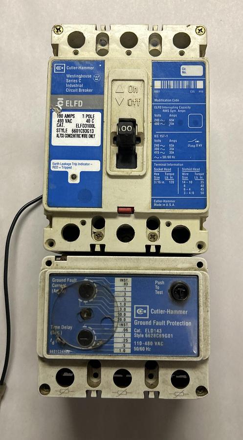 Used CUTLER HAMMER,ELFD3100L,CIRCUIT BREAKER 100A 480V 3P