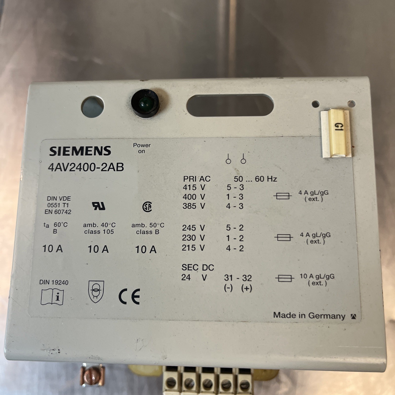 Used SIEMENS,4AV2400-2AB,CONTROL TRANSFORMER WITH RECTIFIER .24kW 415-215HV 24VDC LV