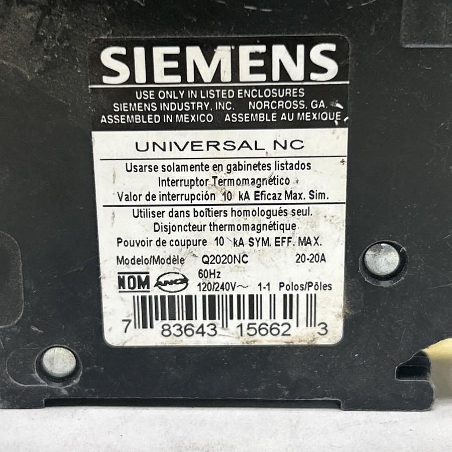 Used SIEMENS,Q2020NC,TANDEM CIRCUIT BREAKER 20A 120/240V (2) 1P