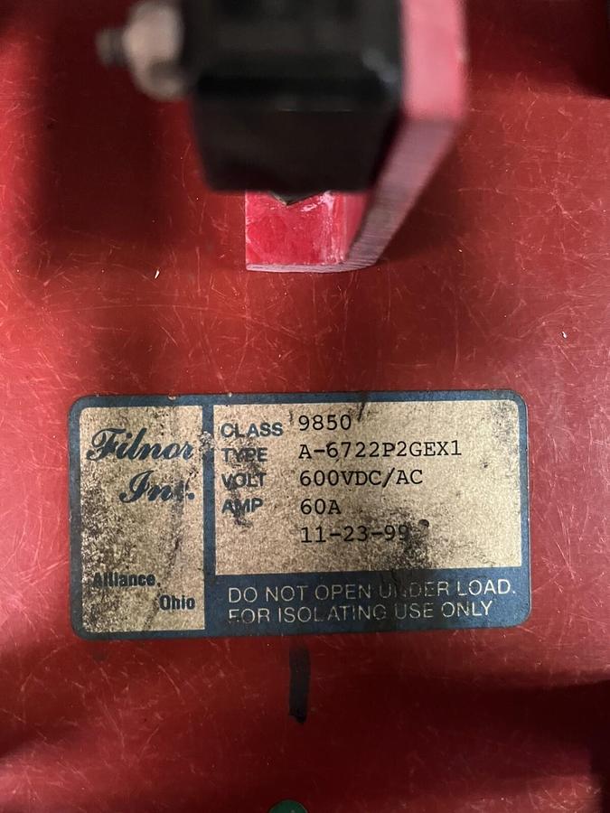 Used FILNOR,A-6722P2GEX1,CLASS 9850 60A KNIFE SWITCH 600V