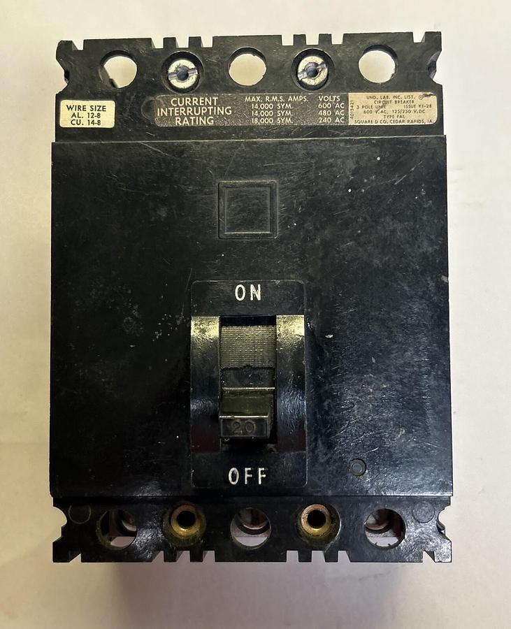Used SQUARE D,FAP36020,CIRCUIT BREAKER 20A 600V 3P