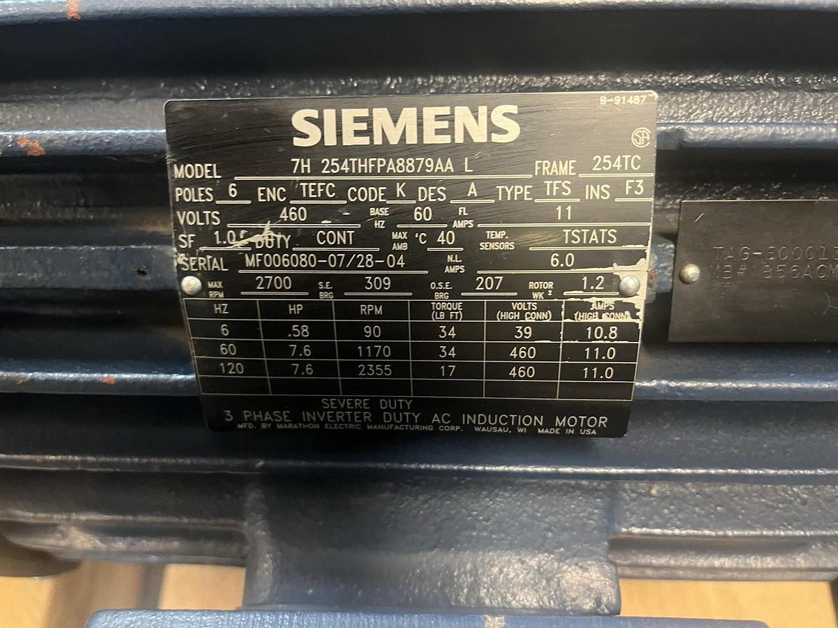 Used SIEMENS,7H-254THFPA8879AA-L,SEVERE DUTY MOTOR 7.6HP 1170RPM 460V 3PH 254TC