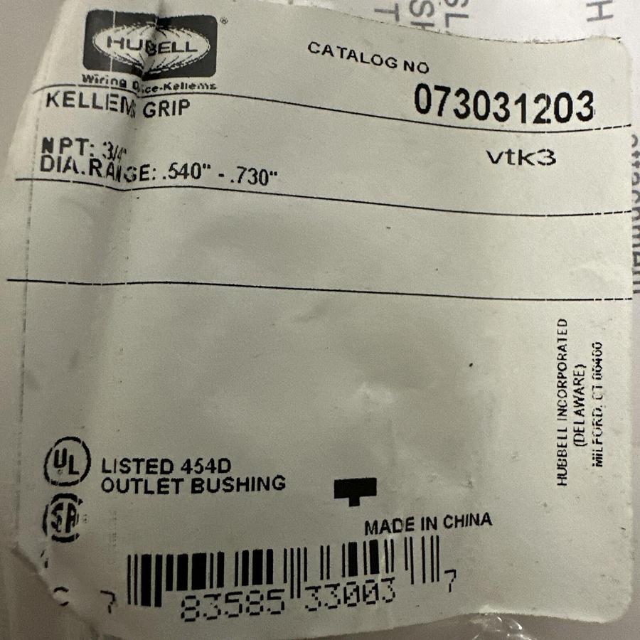Used Hubbell,073031203,Strain Relief Cord Grip 3/4"