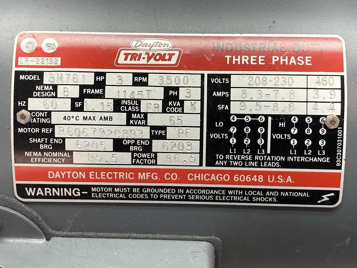 Used Dayton LR-22132, Model 3N559B,3-Phase Tri-Volt Industrial Motor 3Hp 3500rpm 60Hz