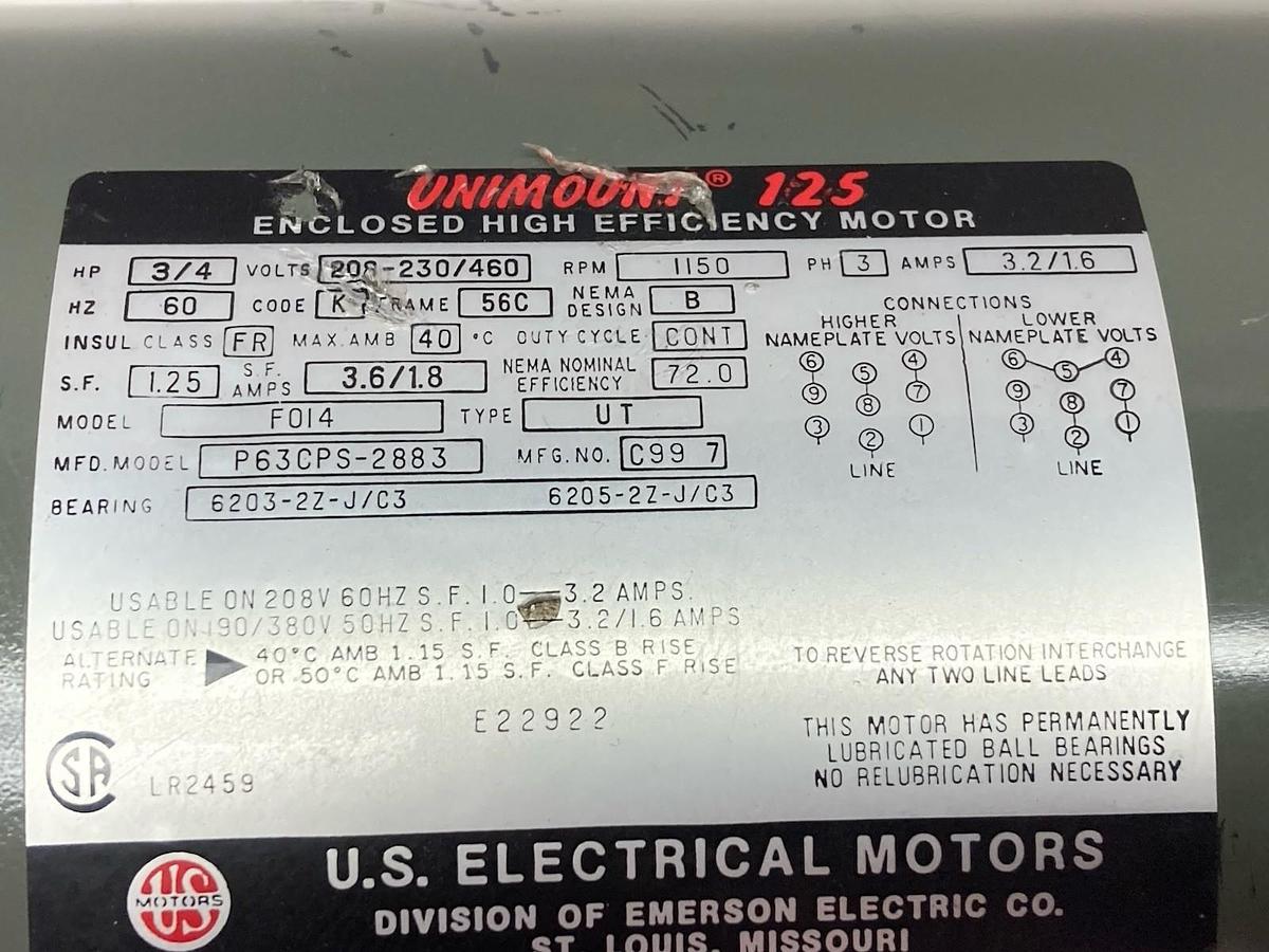 US,P63CPS-2883,UNIMOUNT 125 Motors 1150rpm 3/4Hp 3PH 56C