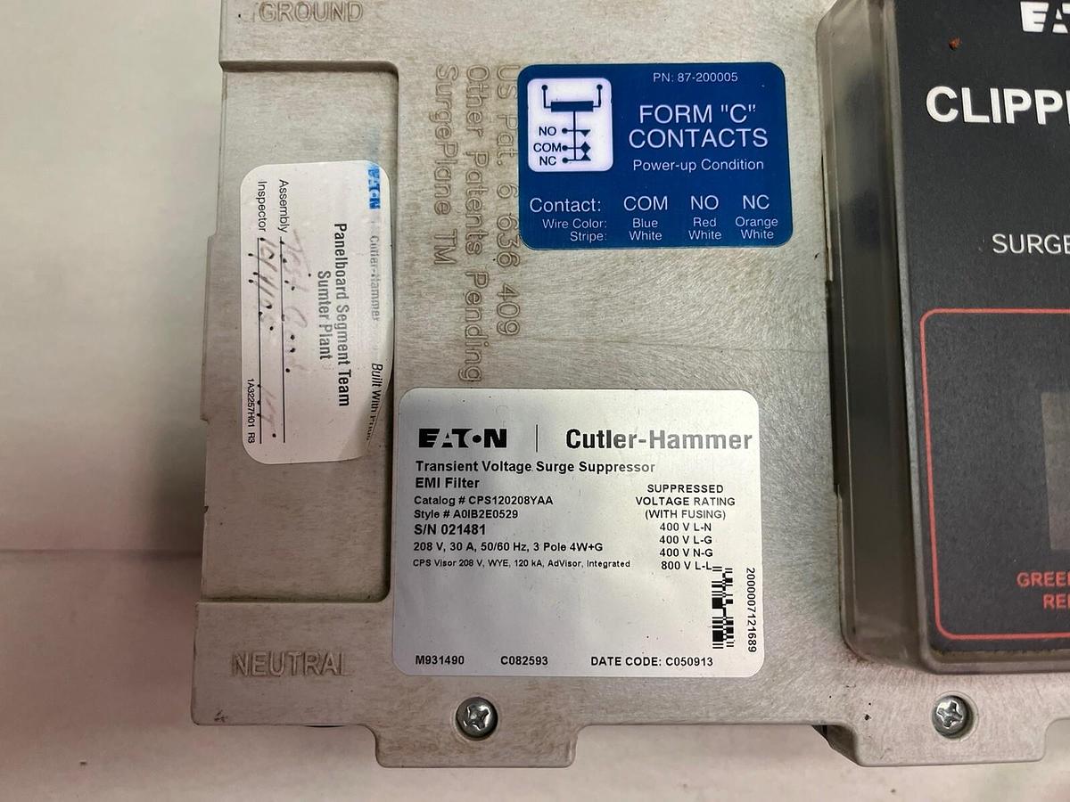 Used EATON,CPS120208YAA,CLIPPER POWER SYSTEM SURGE SUPPRESSOR 120kA 208V 3PH