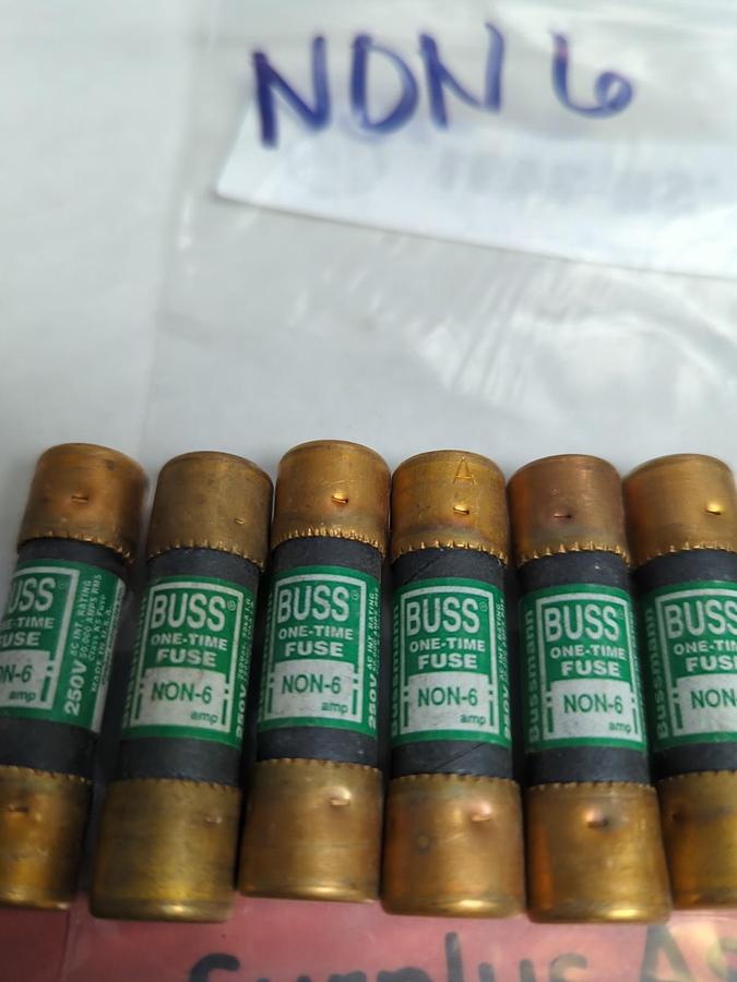 Used COOPER BUSSMANN,NON6,ONE TIME 6 AMP FUSE LOT OF 6 PRE-OWNED