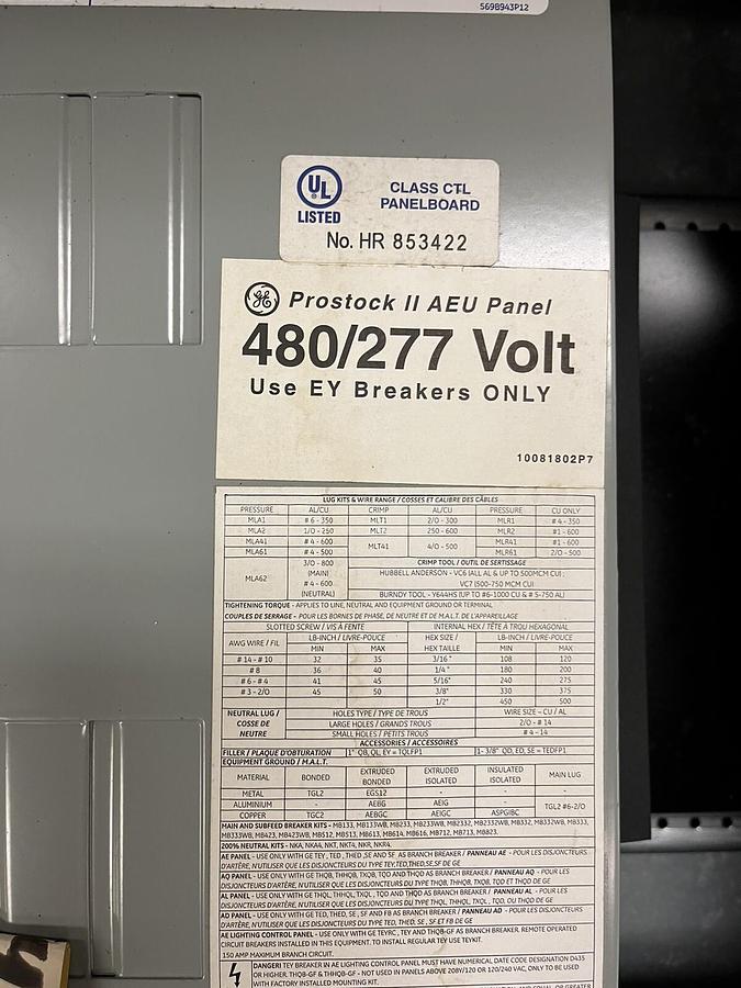 GE,AEU3182RCXAXT1,PANELBOARD 225AMPS 480Y 277V 3PH 4W