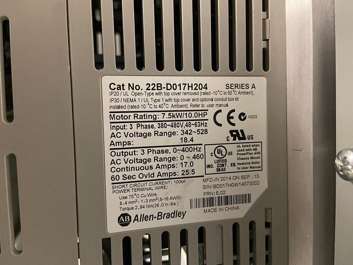 Used Allen Bradley,23B-D017D10ENN-P3T,40 AC Power Flex 17A 10Hp 22B-D017H204