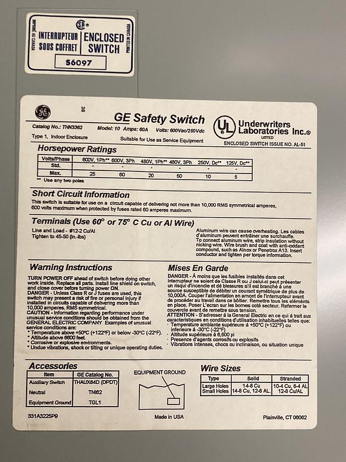 Used General Electric,THN3362JW,Heavy Duty Safety Switch Model 10 60A 600Vac