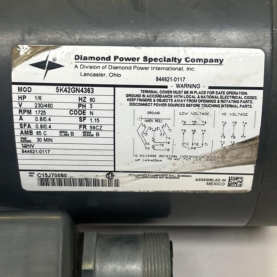 Used DIAMOND POWER,5K42GN4363,MOTOR 1/6HP 230/460V 1725RPM 3PH 56CZ FRAME