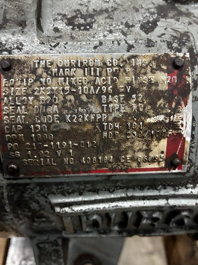 Used DURCO,2X3X15-10A/96,MARK III SS CENTRIFUGAL PUMP NEEDS REBUILD DOESNT TURN