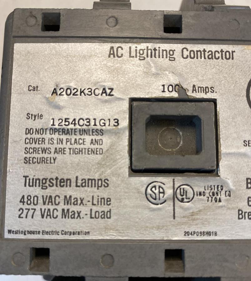 Used Westinghouse,A202K3CAZ,100 Amp 600V AC Lighting Contactor Style 1254C31G13