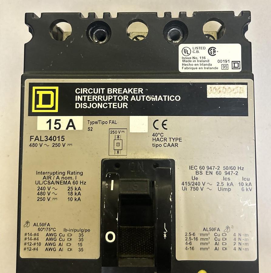 Used SQUARE D,FAL34015,CIRCUIT BREAKER 15A 480V 3P