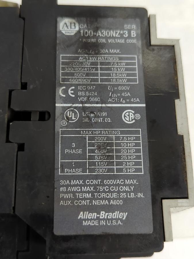 Used ALLEN BRADLEY,100-A30NZ*3,SERIES B CONTACTOR PRE-OWNED