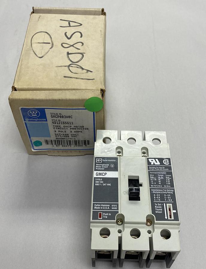 Used WESTINGHOUSE,GMCP003A0C,CIRCUIT BREAKER 3A 3POLE 480V NEW