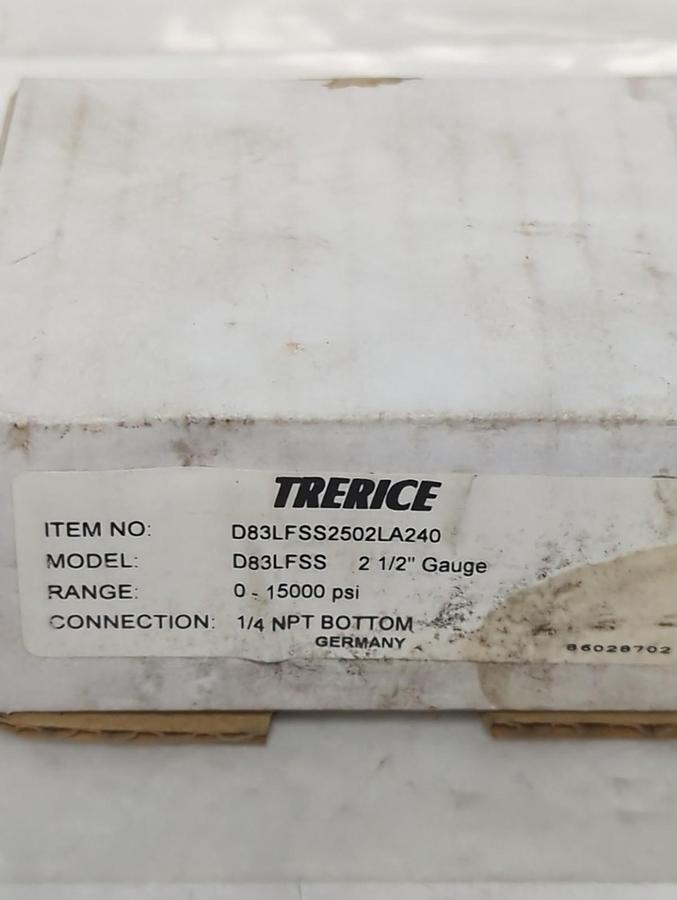 TRERICE,D83LFSS,PRESSURE GAUGE 0-15000PSI 1/4 NPT LM NOS