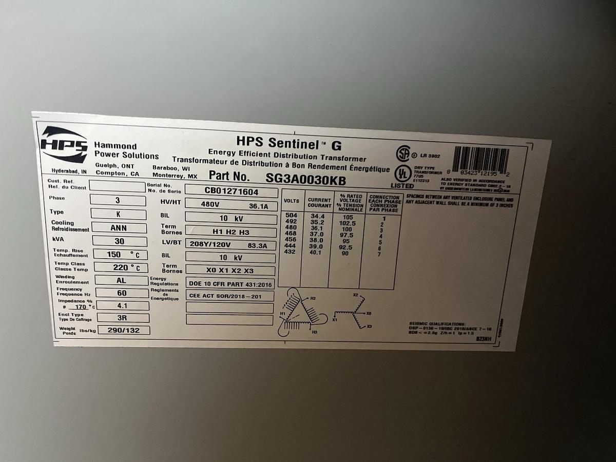 HPS SENTINEL G,SG3A0030KB,TRANSFORMER 30kVA 3PH HV 480V LV 208Y/120V