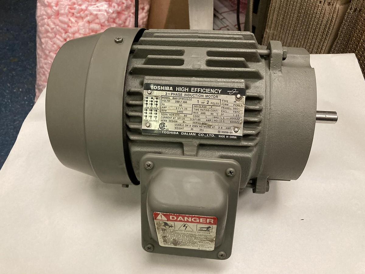Used Toshiba,B0012FMC2AOZH,High Efficiency 1HP Induction Motor 3490RPM 56C 3PH 2P