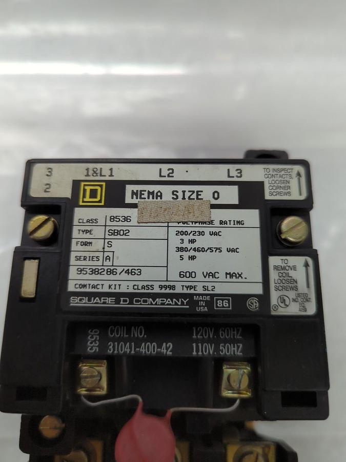 Used SQUARE D,8536-SB02,MOTOR STARTER 3-POLE SERIES A SIZE 0 PRE-OWNED