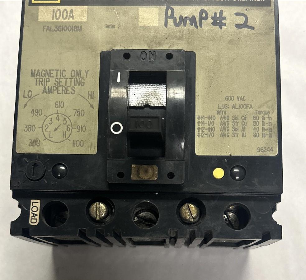 Used SQUARE D,FAL3610018M,CIRCUIT BREAKER 100A 600V 3P