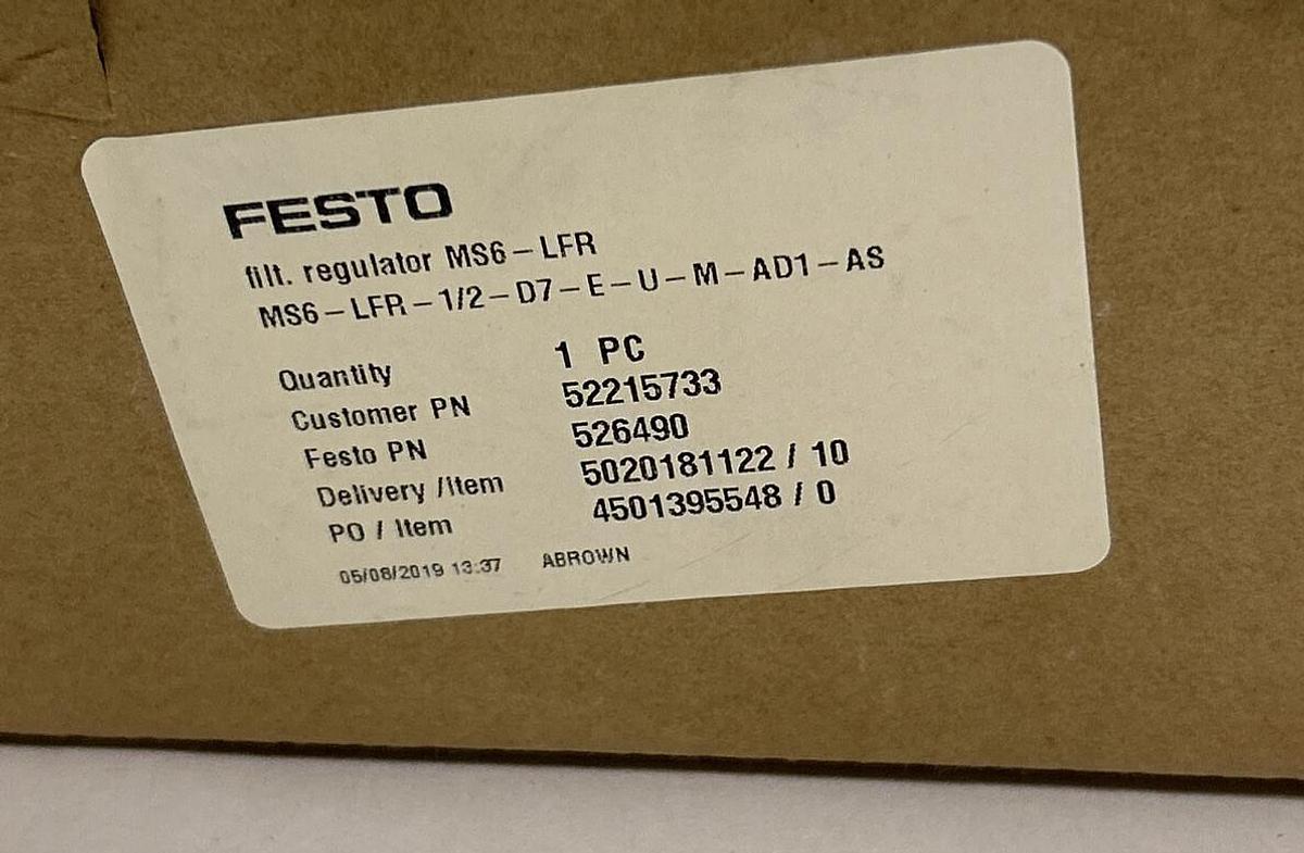 Used FESTO,MS6-LFR-1/2-D7-E-U-M-AD1-AS,FILTER REGULATOR NEW