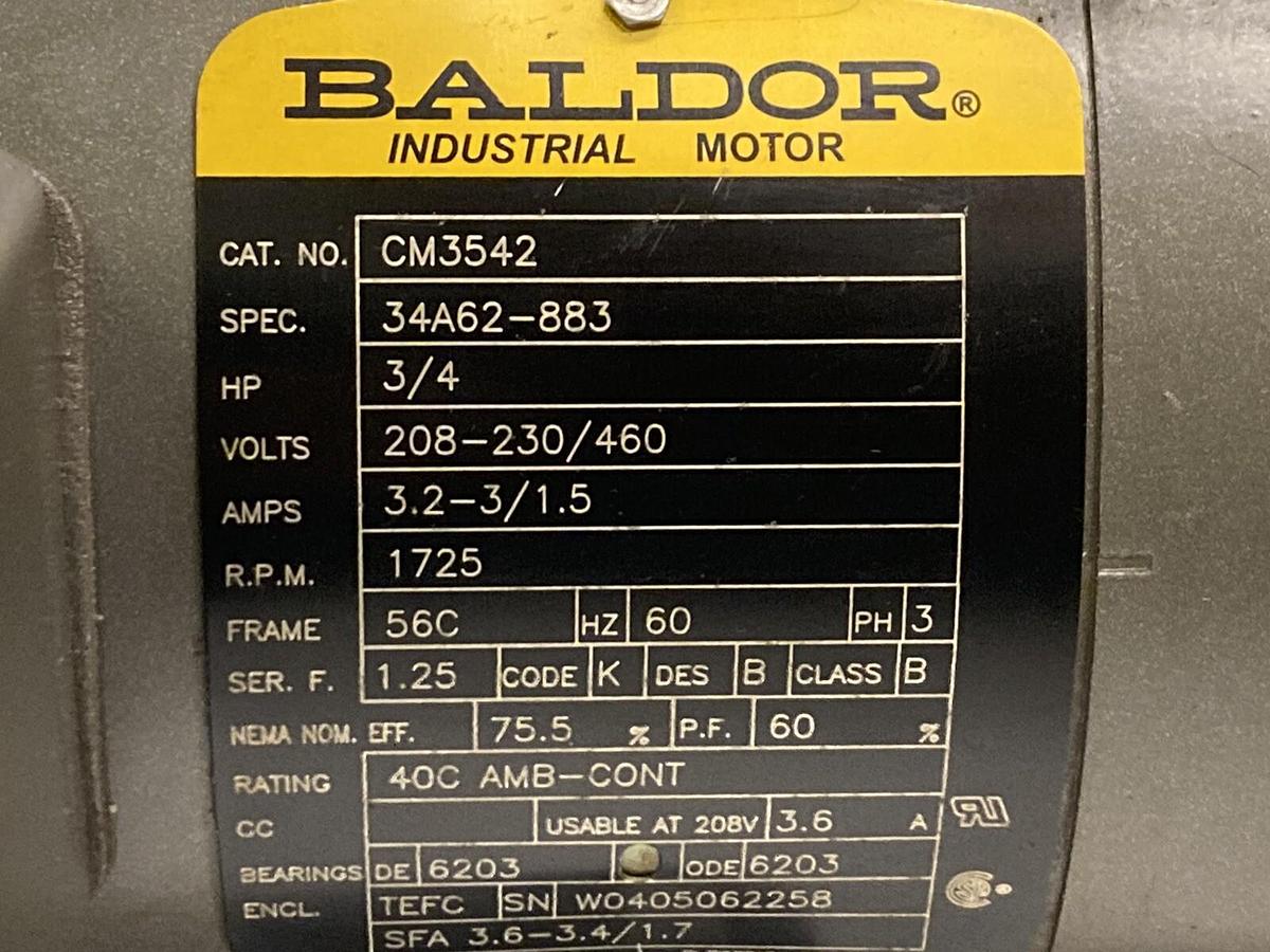 Used Winsmith,924MDSS3119GFA,Gear Reducer with Baldor CM3542 3/4HP Motor 1725 RPM