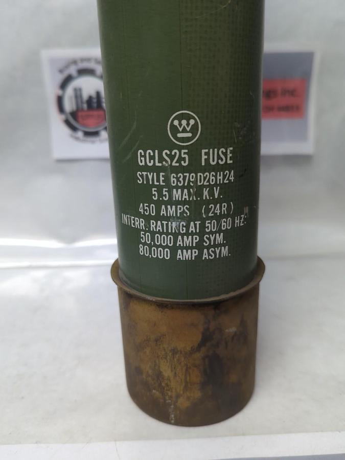 Used WESTINGHOUSE,GCLS25,STYLE 6379D26H24 DOUBLE BARREL FUSE 450 AMP 5.5 MAX K.V USED