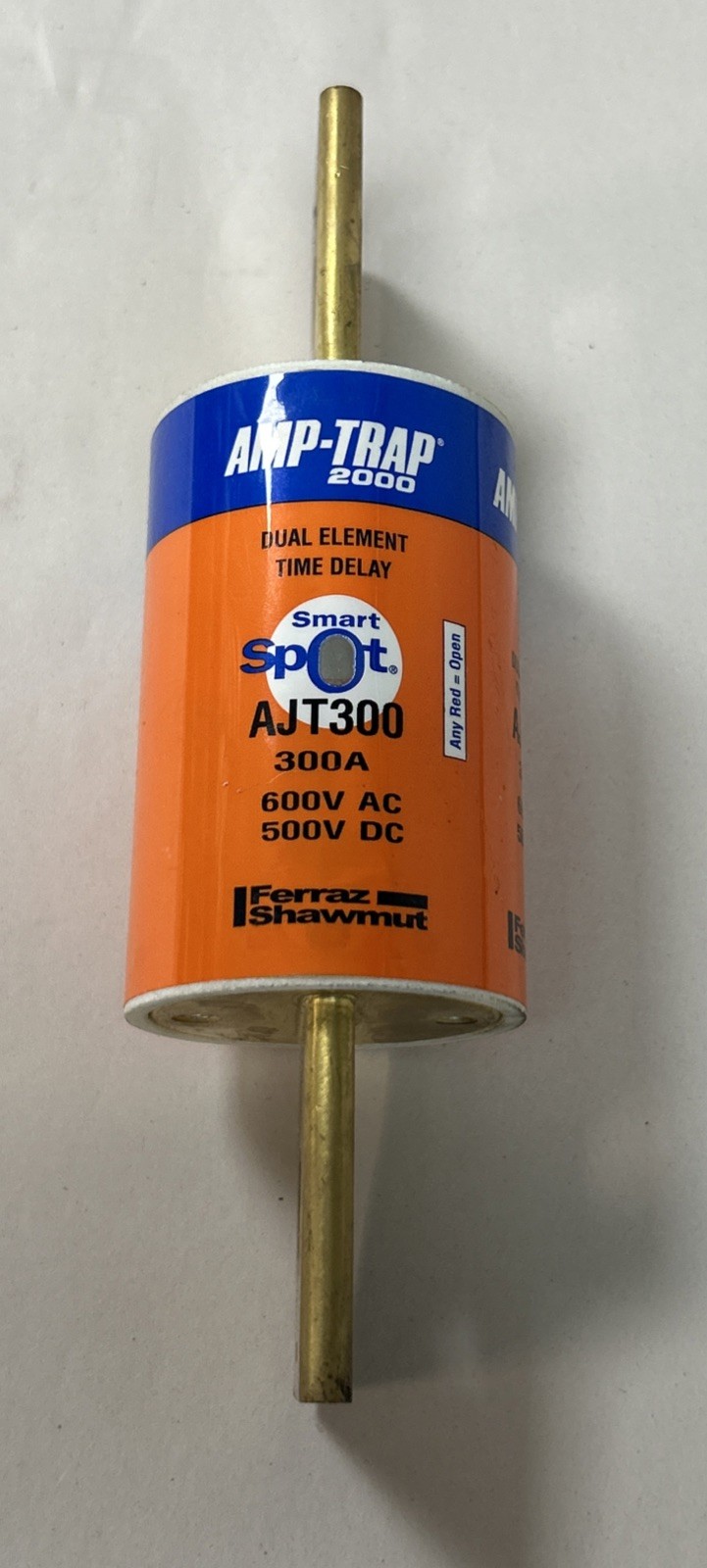 Used FERRAZ SHAWMUT,AJT300,DUAL ELEMENT TIME DELAY FUSE 300A 600V 500VDC