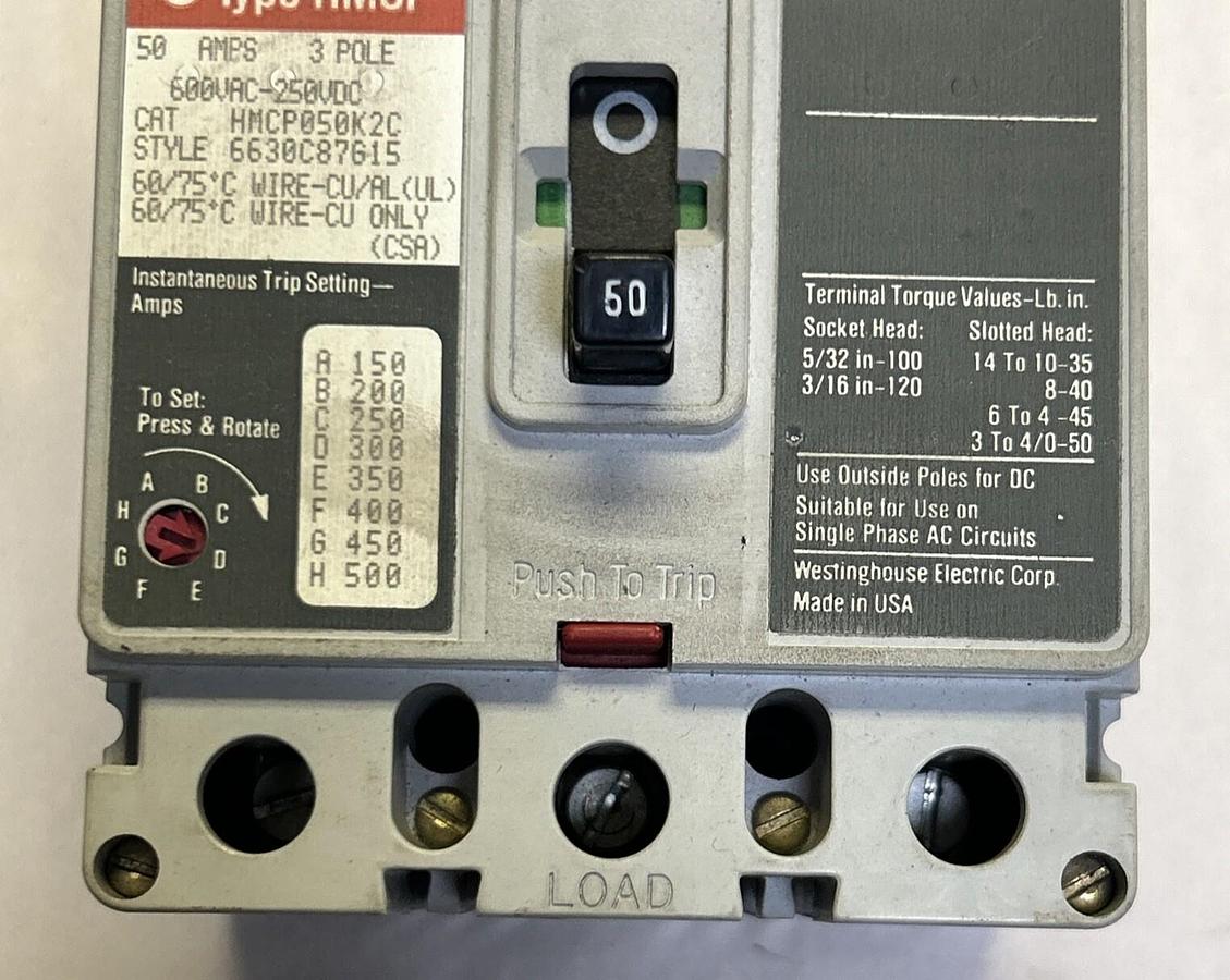 Used WESTINGHOUSE,HMCP050K2C,CIRCUIT BREAKER 50A 600V 3P