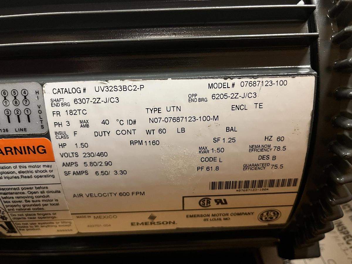 EMERSON US MOTORS,UV32S3BC2-P,ELECTRIC MOTOR UTN 1.5HP 1160RPM 3PH 182TC