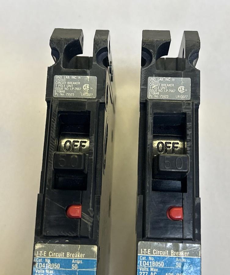 Used SIEMENS,ED41B050,CIRCUIT BREAKER 50A 277V 1P LOT OF 2