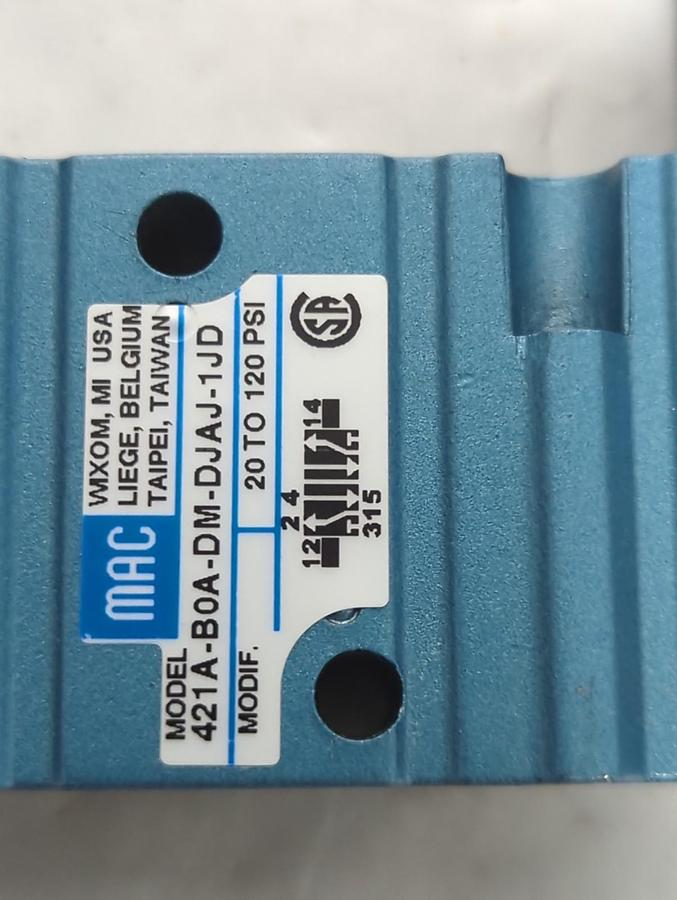 Used MAC,421A-B0A-DM-DJAJ-1JD,SOLENOID VALVE 20 TO 120 PSI PRE-OWNED
