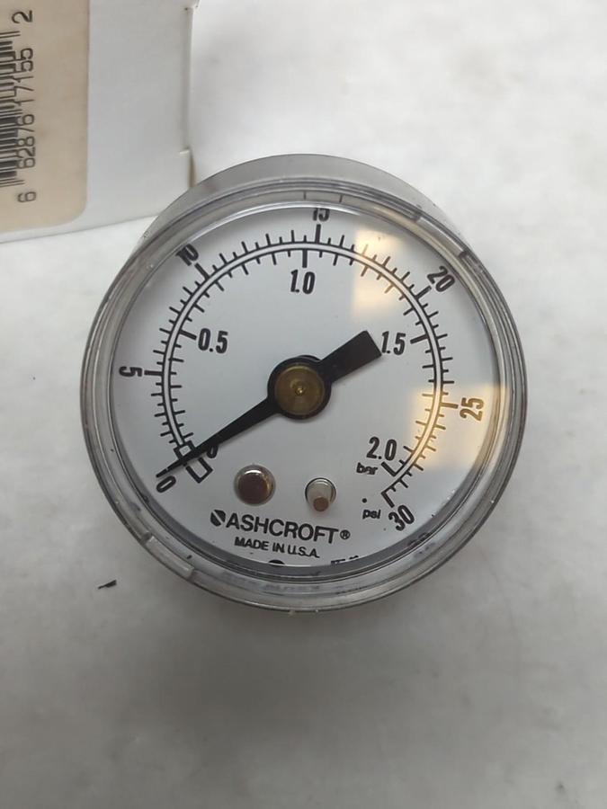 ASHCROFT,15W1005H01BX17,PRESSURE GAUGE 1-1/2 IN FACE 1/8 IN NPT BACK 0/30 PSI