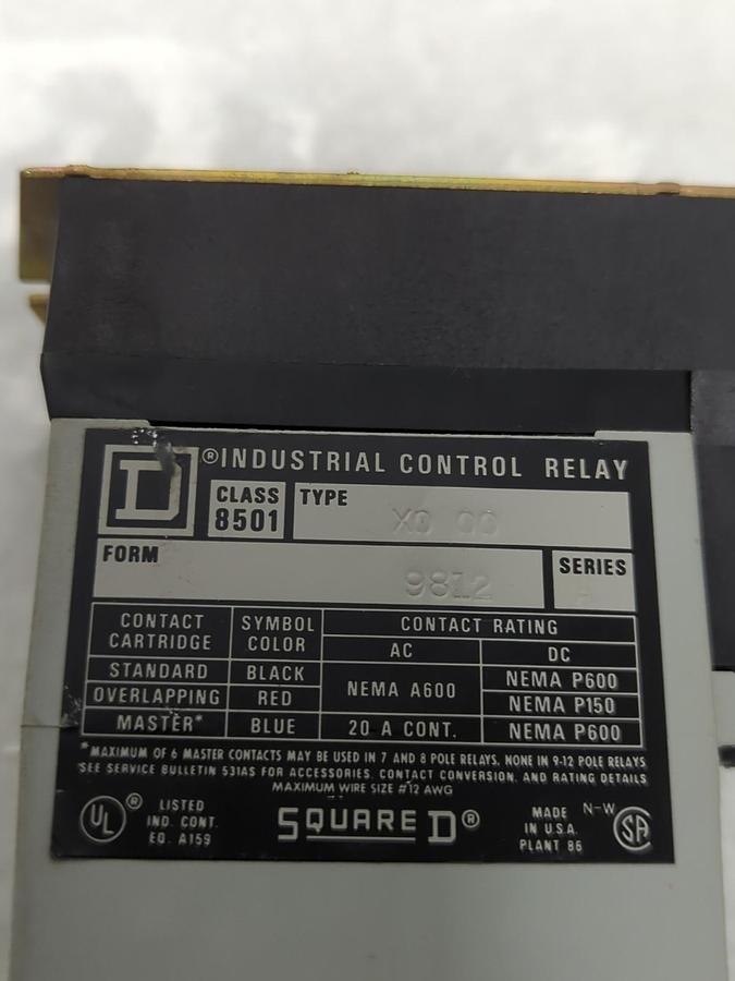 Used SQUARE D,8501-X0-00,INDUSTRIAL CONTROL RELAY SERIES A PRE-OWNED